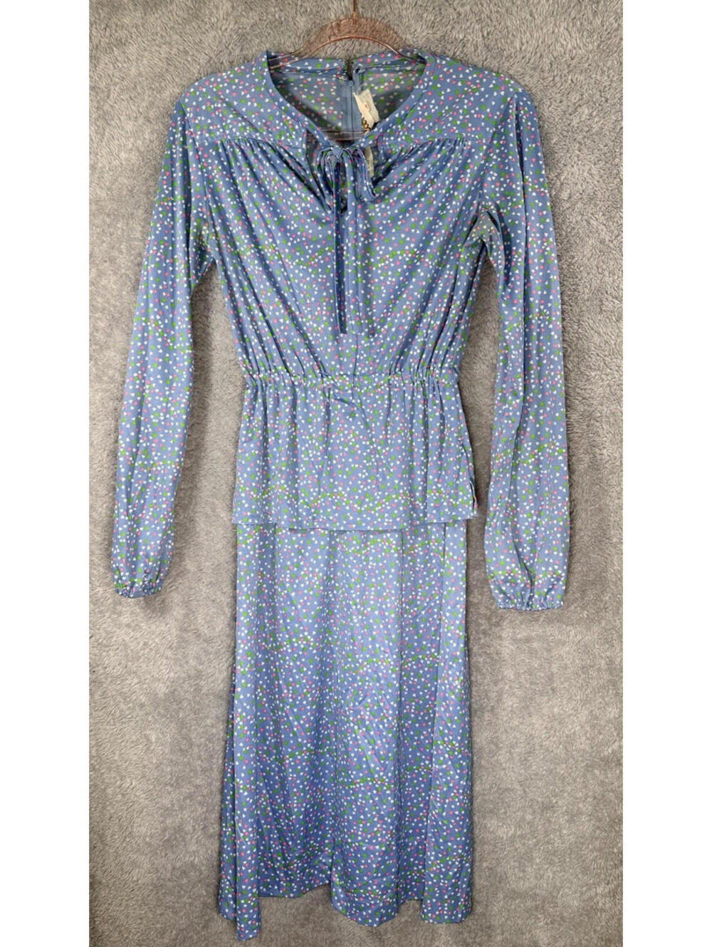 Vintage 70s Just Mort LTD Heart Print Midi Dress Bow Peasant Long Sleeve Size 10